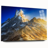Large abstract wall art of Mount Everest in muted blue and white tones on acrylic glass.