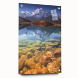 Large abstract acrylic print of an Asian landscape in earthy tones, ideal for bedroom or dining room decor.