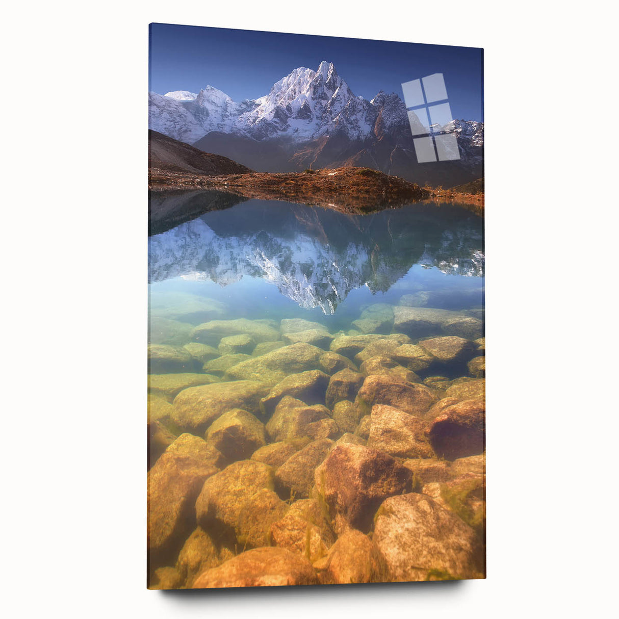 Acrylic print of a large abstract depiction of a Nepalese landscape in muted earth tones.