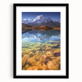 Colorful abstract art print of a textured Nepal scenery in vibrant hues, framed in black, ideal for living room decor.