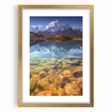 Extra large abstract art print of a textured Nepalese scenery in muted earth tones, framed in gold.