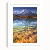 Abstract art print of a Nepalese landscape in muted earth tones on a framed white mat.