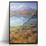 Large abstract wall art depicting a serene Nepalese landscape in muted earth tones, framed in black acrylic.