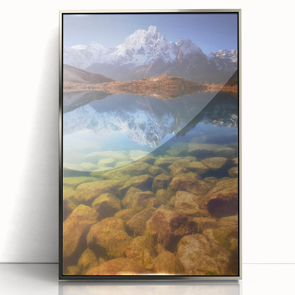 Mid-century modernist art depicting a serene Nepalese landscape in acrylic, framed in silver.
