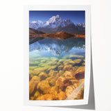 Extra large rolled print of a serene Nepalese landscape with lush florals in soft green and blue tones.