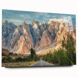 Large abstract wall art of a Pakistani landscape in muted earth tones on acrylic glass.