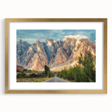 Extra large abstract art print depicting a textured scene of a Pakistani landscape, in muted gold and brown tones.