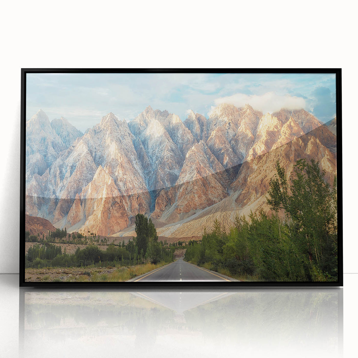 Large abstract wall art depicting a vibrant Pakistani landscape on a black-framed acrylic print.