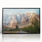 Large abstract wall art depicting a vibrant Pakistani landscape on a black-framed acrylic print.