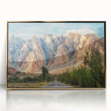 Large art print of a Pakistani landscape in gold and green tones on framed acrylic, fitting for modern nursery decor.