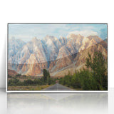 Acrylic print of a serene Pakistani landscape in soft pastel shades, framed in white, suitable for nursery wall art.