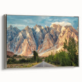 Framed canvas featuring a vintage-style landscape painting of a Pakistani scenery in colorful art tones.