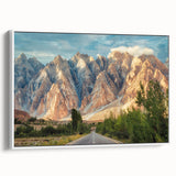 Vintage poster art of a colorful Pakistani scenery on extra large framed canvas, ideal for living room decor.