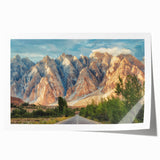 Extra large rolled print of a serene Pakistani landscape with muted green and brown tones, ideal for dining room wall art.