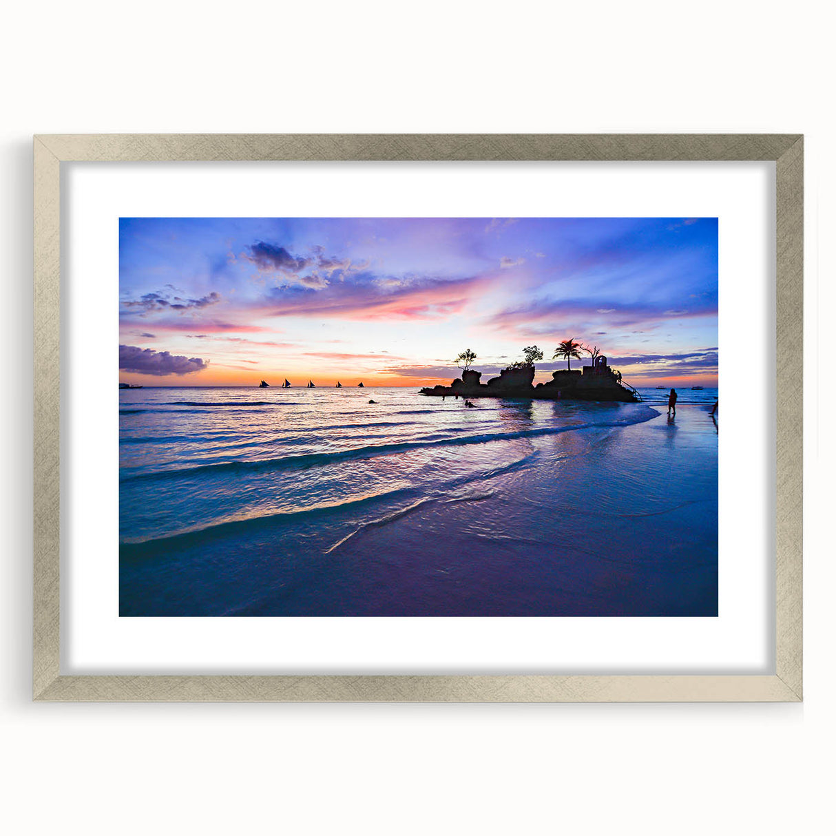 Textured abstract art print of a serene Philippine landscape in muted earth tones, framed in silver, ideal for bedroom art.