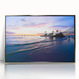 Mid-century modernist art depicting a serene Philippine landscape in muted earth tones.