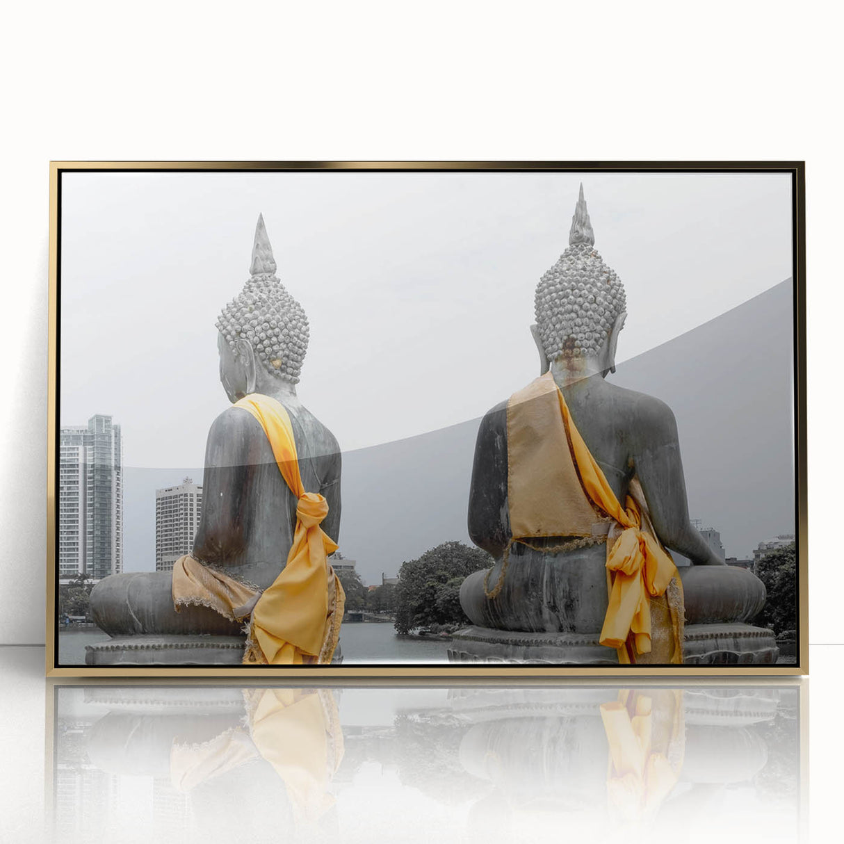Mid-century modernist art of a Sri Lankan landscape in muted gold tones on a framed acrylic.