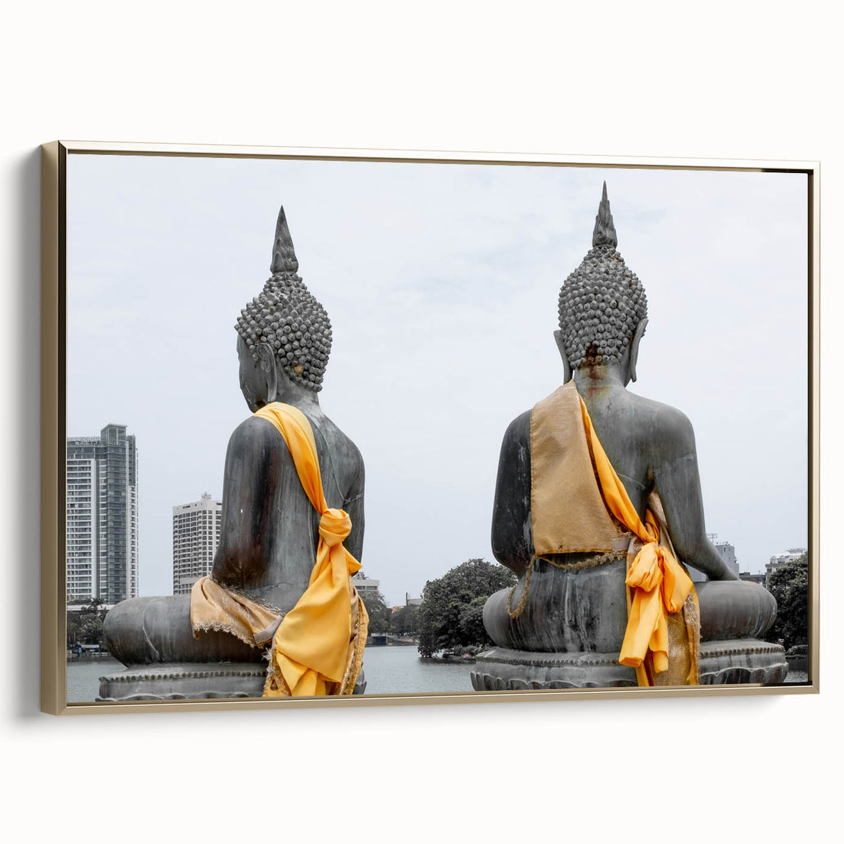 Framed canvas featuring a vintage-style landscape painting of Sri Lankan scenery in muted gold and black tones.