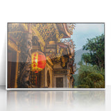 Art deco poster of Taiwan scenery in muted blue tones, acrylic white frame, suitable for nursery wall art.