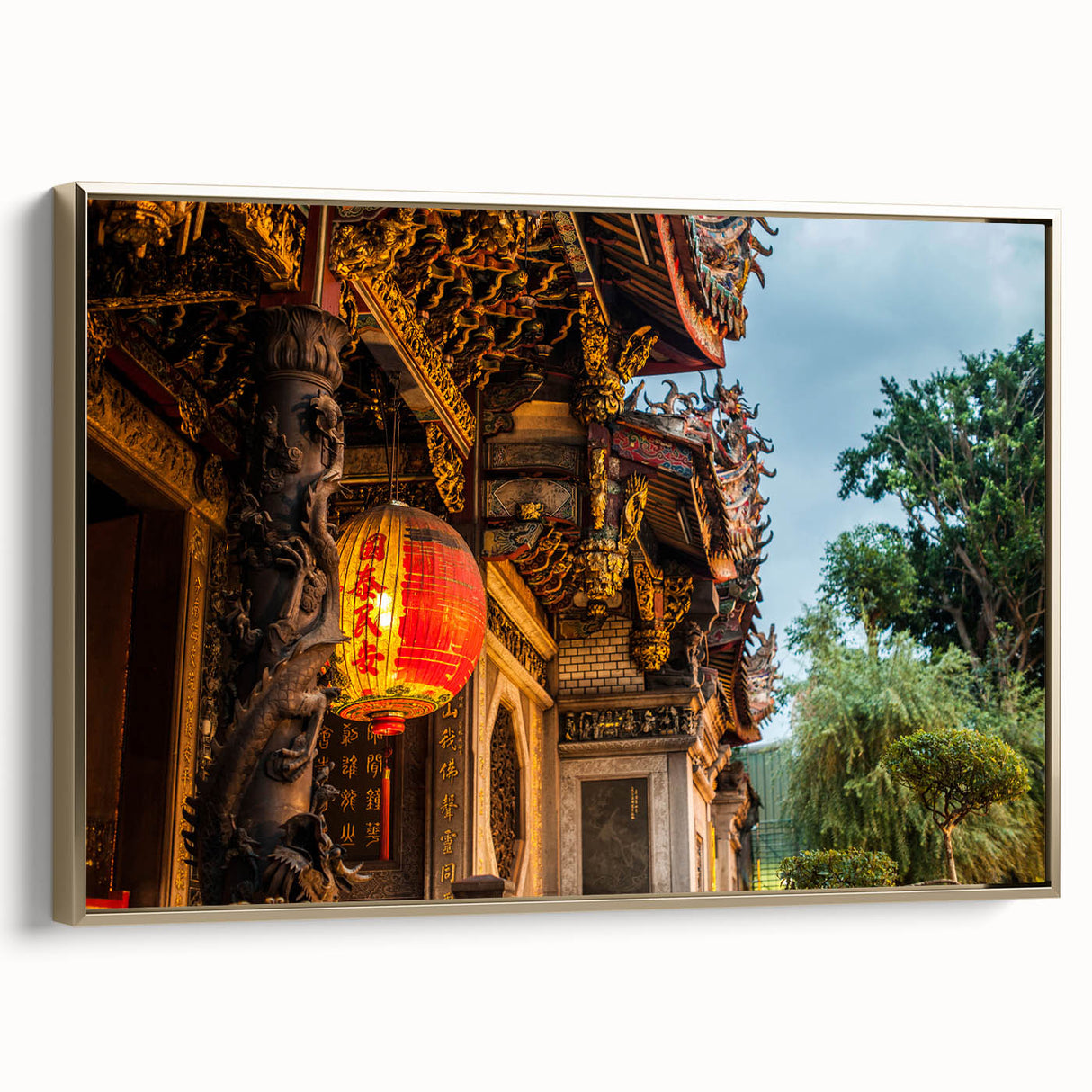 Framed canvas of a vintage-style landscape painting featuring colorful Taiwanese scenery against a black background.