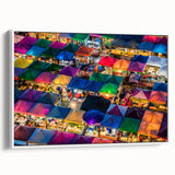 Vintage poster art of Bangkok scenery on framed canvas, featuring colorful art on black background.