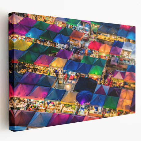 Large stretched canvas depicting a Bangkok cityscape in muted orange and blue tones, suitable for kitchen wall art.