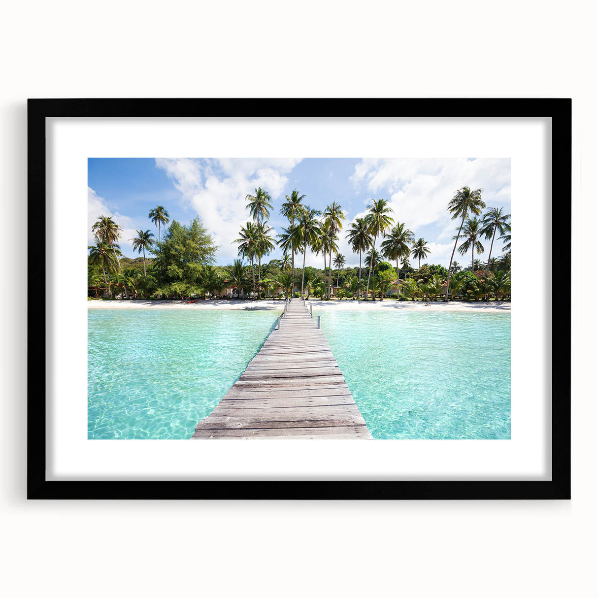 Extra large abstract art print of vibrant, colorful Thai scenery on textured canvas, framed in black.