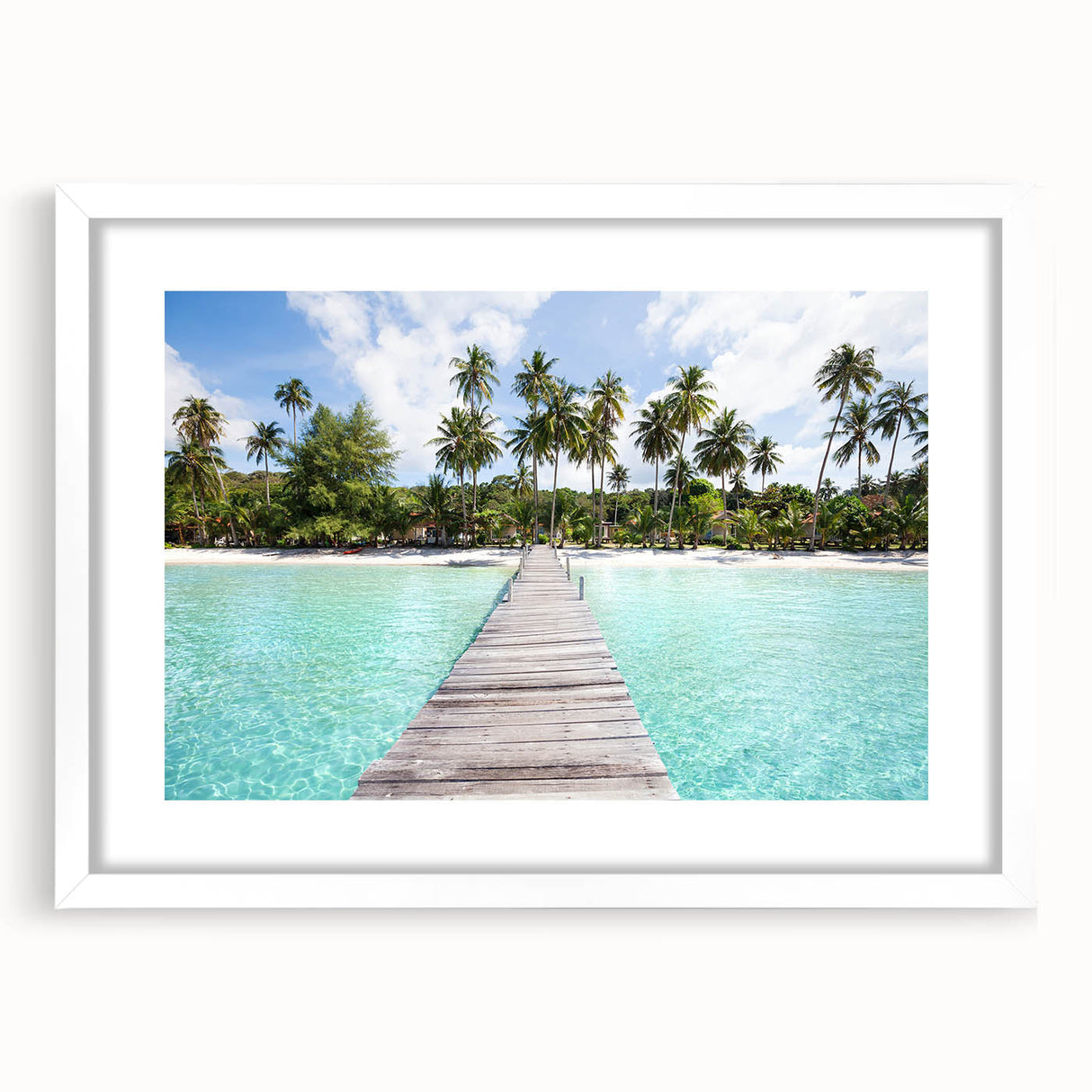 Abstract art print of a serene Thai landscape in muted green and blue tones, framed with a white mat.