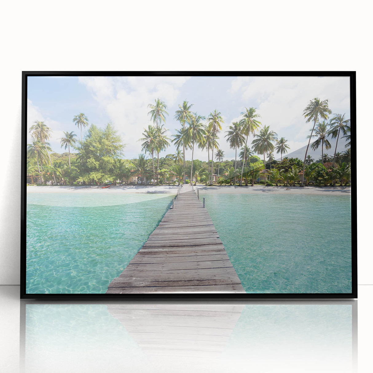 Large abstract wall art depicting a serene Thai landscape in muted green and blue tones, framed in black acrylic.