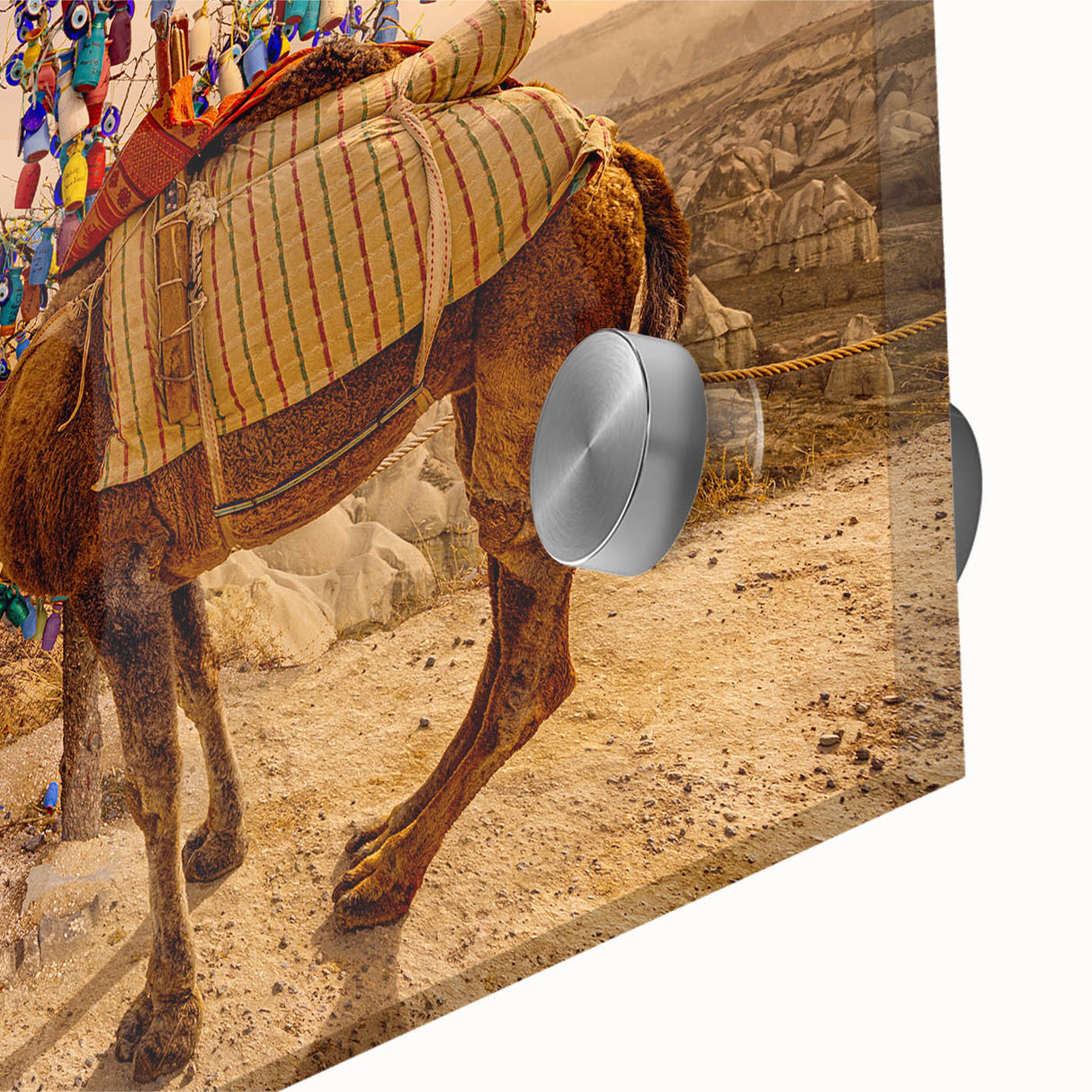 Large abstract wall art depicting a Turkish landscape in muted earth tones on acrylic glass, ideal for dining room ambiance.