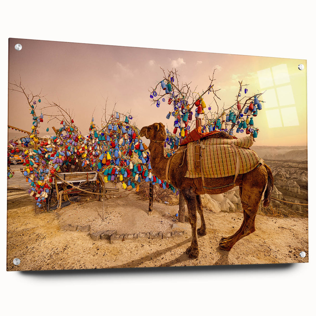 Acrylic print of a large abstract depiction of a Turkish landscape in muted earth tones, ideal for dining room decor.