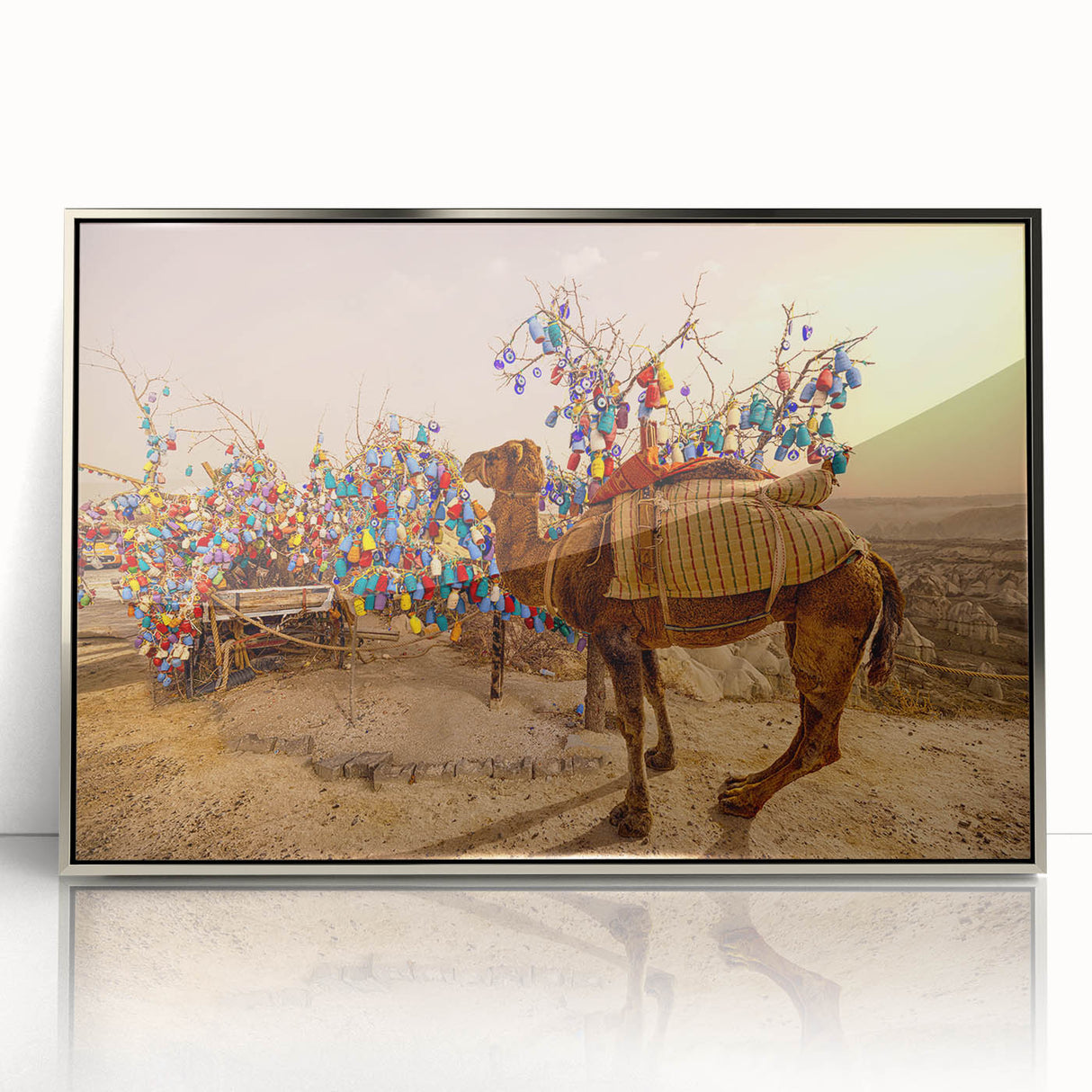 Framed acrylic print of a mid-century modernist Turkish landscape in muted earth tones, ideal for modern art wall decor.
