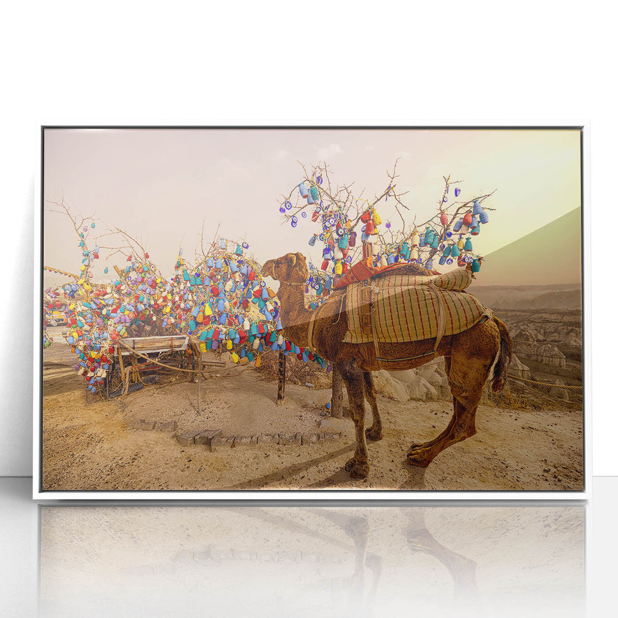 Art deco poster of a Turkish landscape in muted earth tones on white framed acrylic, suitable for modern nursery decor.