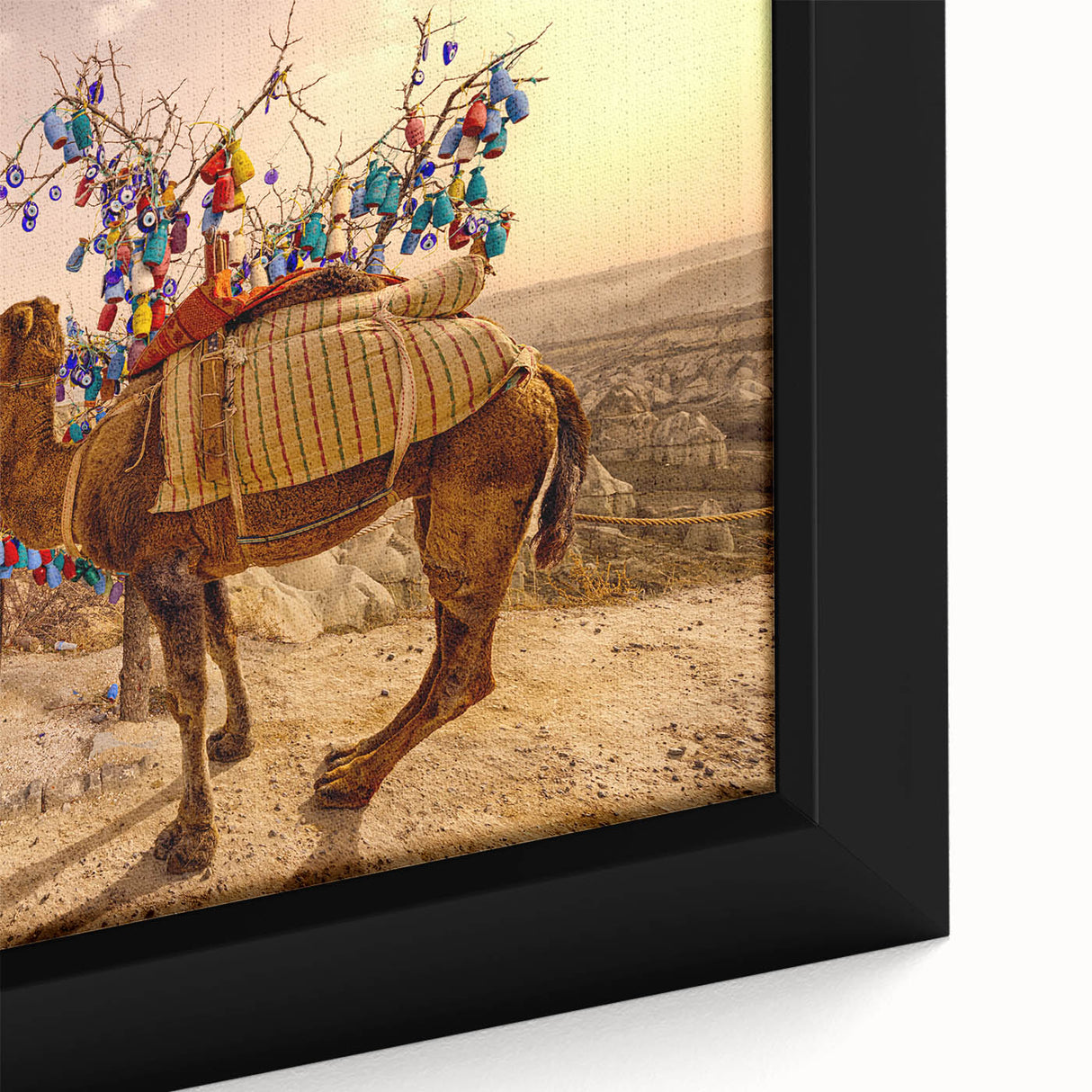 Black wall art featuring a textured, colorful abstract design on a framed canvas.