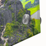 Large abstract wall art depicting a Vietnamese landscape in mid-century modernist style on acrylic glass.