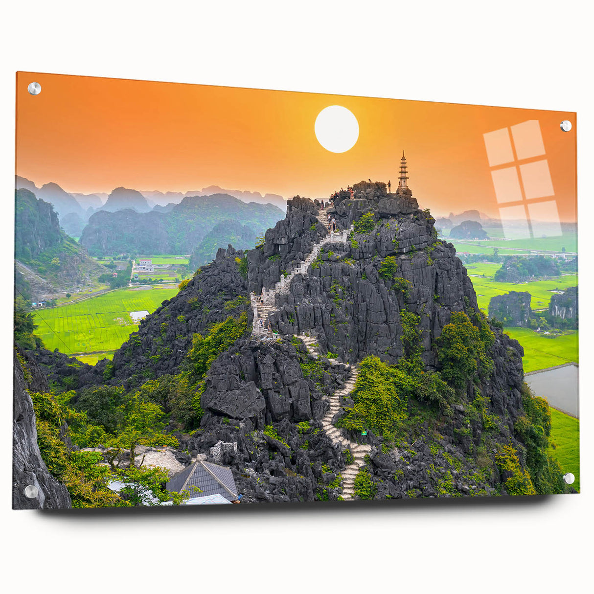 Large abstract wall art on acrylic glass depicting a Vietnamese landscape in muted earth tones.