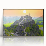 Mid-century modernist art depicting a Vietnamese landscape in muted earth tones on a framed acrylic print.