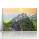 Acrylic print of a serene Vietnamese landscape, framed in white, showcasing soft pastel colors, ideal for nursery wall art.