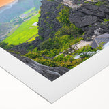 Art deco poster featuring a serene Vietnamese landscape in muted greens and blues on rolled canvas.