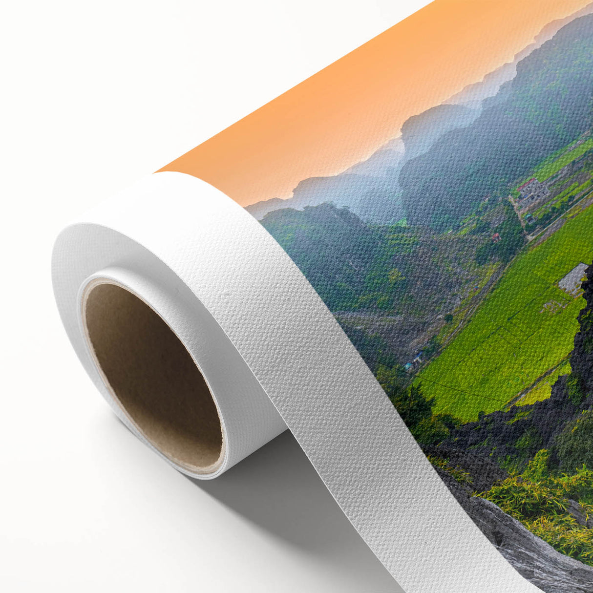 Art deco poster featuring a serene Vietnamese landscape in pastel shades on rolled canvas, ideal for nursery wall art.
