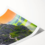 Extra large wall art featuring line art flowers with muted green and beige tones on a rolled canvas.