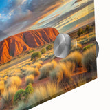 Large abstract depiction of Ayers Rock in muted earth tones on an acrylic print, suitable for dining room art.