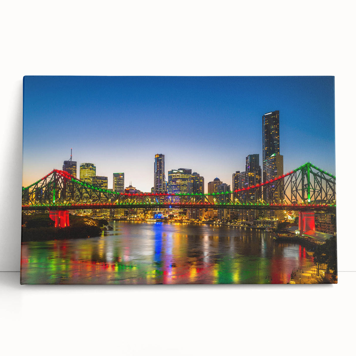 Black and white stretched canvas of Brisbane skyline, ideal for kitchen wall art or bedroom ambiance.