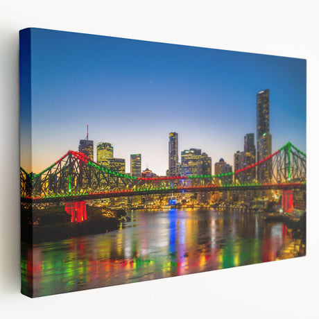 A panoramic view of the Brisbane skyline in muted blue and green tones on a stretched canvas, suitable for kitchen wall art.
