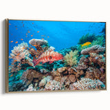 Landscape art painting of the Great Barrier Reef on framed canvas, featuring vibrant blue and green tones.