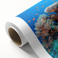 Art Deco style poster of the Great Barrier Reef in pastel blue and green, rolled canvas, ideal for nursery wall art.