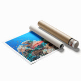 Extra large rolled print of the Great Barrier Reef in vibrant blues and greens, suitable as classy bathroom wall art.