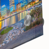 Large abstract wall art of Perth skyline in muted blue and orange tones on acrylic glass, suited for dining room ambiance.