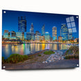 Large abstract wall art of Perth, Australia in muted blue and green tones on acrylic glass.