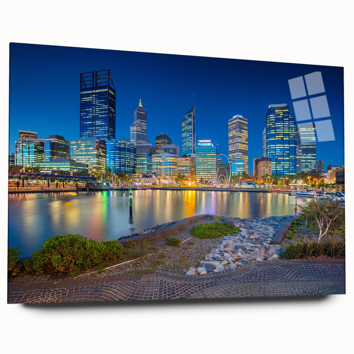 Large abstract wall art of Perth skyline in muted blue and gray tones on acrylic glass.